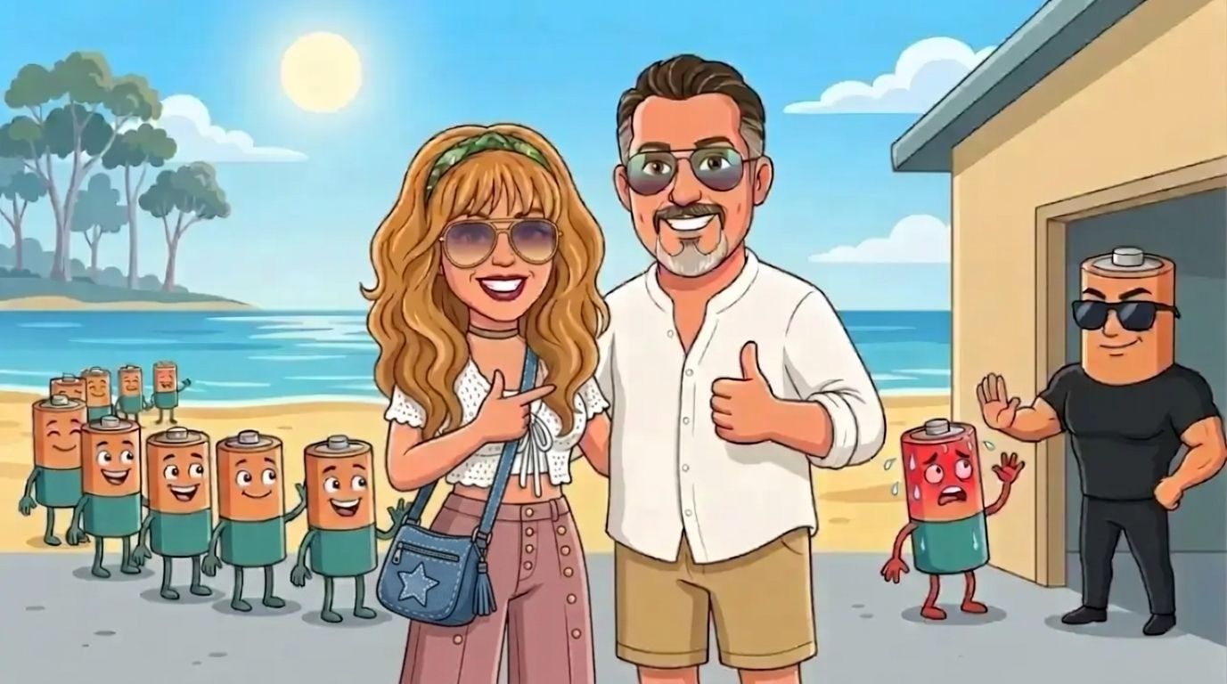 Jason, a cartoon man with slicked-back dark hair, grey goatee and gold aviators in a white linen shirt, giving a thumbs up beside DJ, a cartoon woman with long wavy honey-blonde hair, a green bandana and aviator sunglasses in a white crochet cardigan and dusty-pink jeans outside a beachside surf club, where a battery bouncer in sunglasses stops a sweaty, overheated battery cell while a queue of happy cells waits