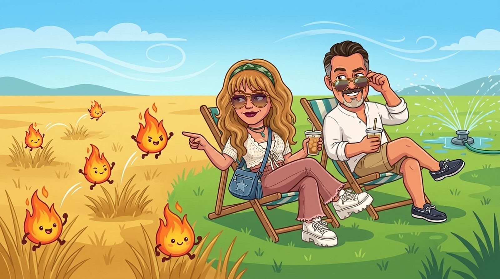 Cartoon of Jason and his co-host DJ relaxing in deckchairs with iced drinks on a damp green lawn beside a sprinkler, while little cartoon flames hop across the dry golden grass next door and DJ points at them