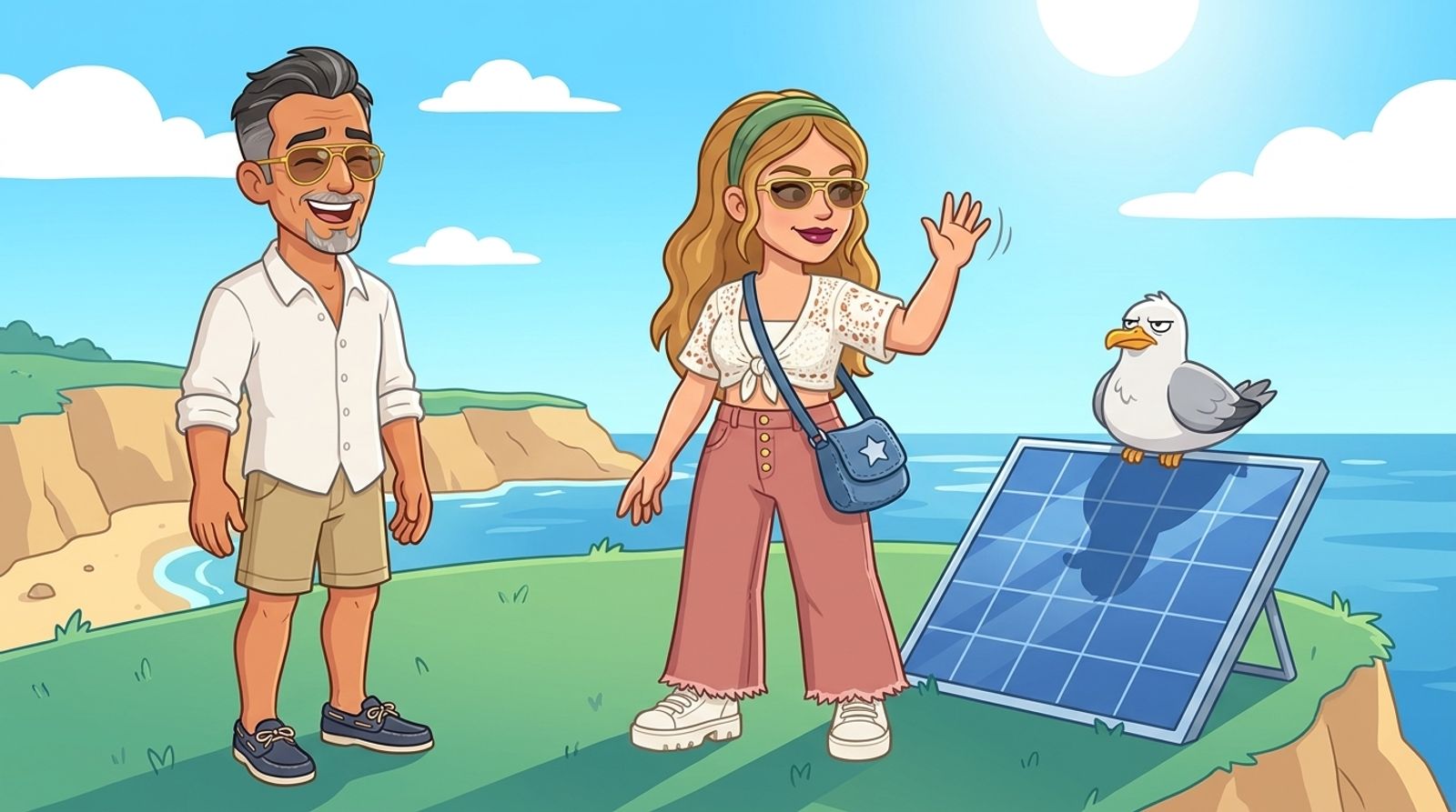 Cartoon of Jason's co-host DJ shooing a smug seagull off a solar panel on a grassy coastal headland, where the bird is casting a shadow across it, while Jason laughs