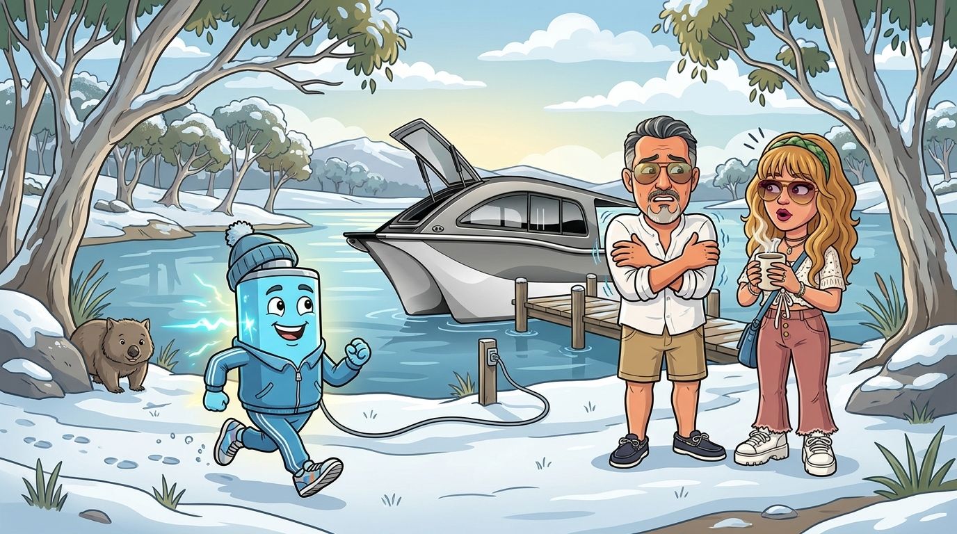 a big sky-blue battery in a beanie and tracksuit jogs happily beside a frosty alpine lake while plugged into a charging post, as DJ holds a steaming mug and Jason shivers in his shorts, with the grey-and-white Cat Cruiser catamaran moored at a small jetty on the lake and a wombat watching