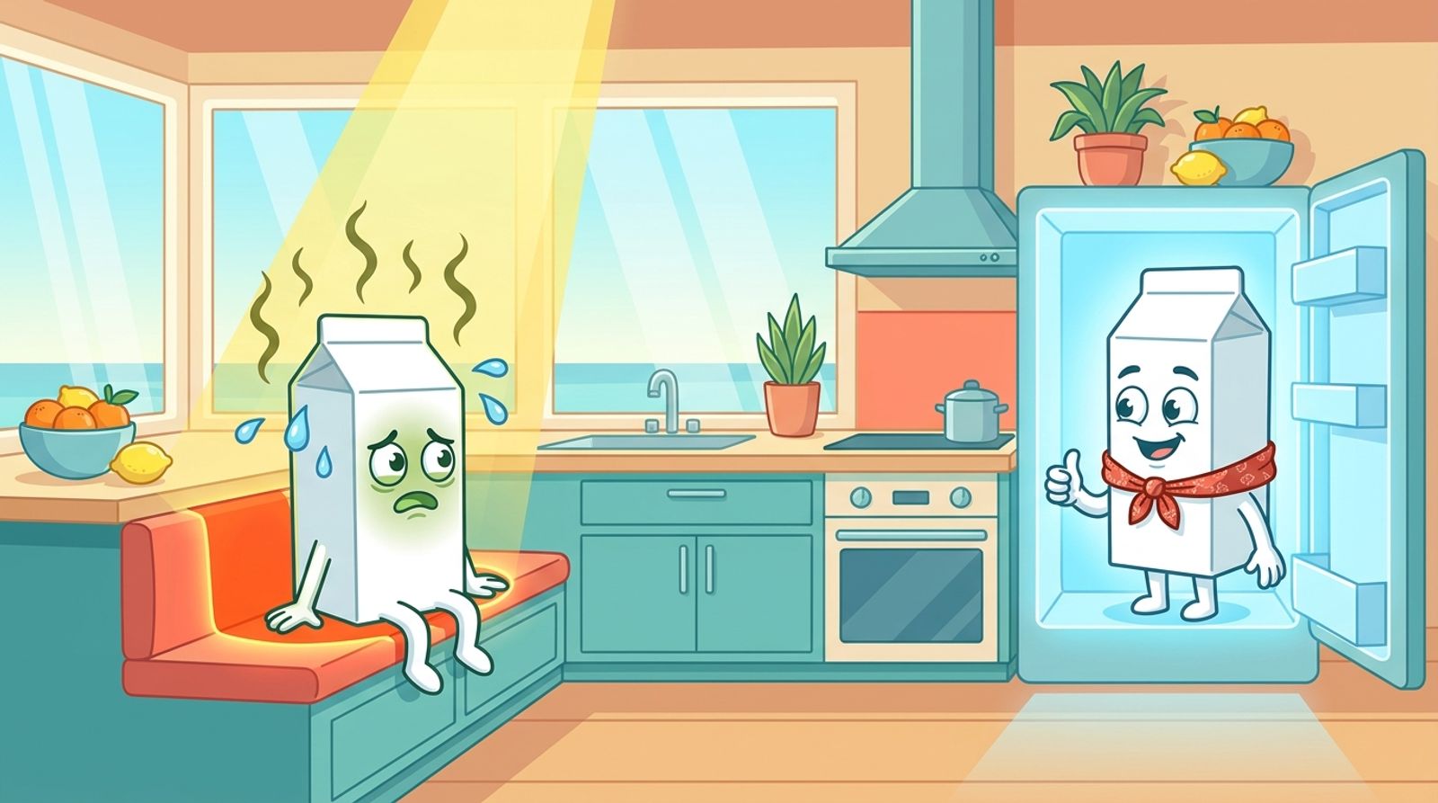 Cartoon of a sweaty, queasy milk carton in the sun on a kitchen bench next to a relaxed milk carton giving a thumbs up from inside a cool fridge