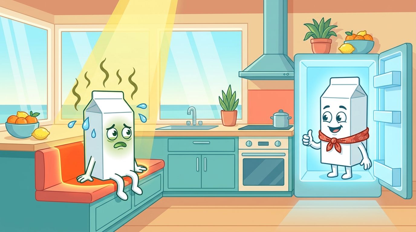 Cartoon of a sweaty, queasy milk carton in the sun on a kitchen bench next to a relaxed milk carton giving a thumbs up from inside a cool fridge