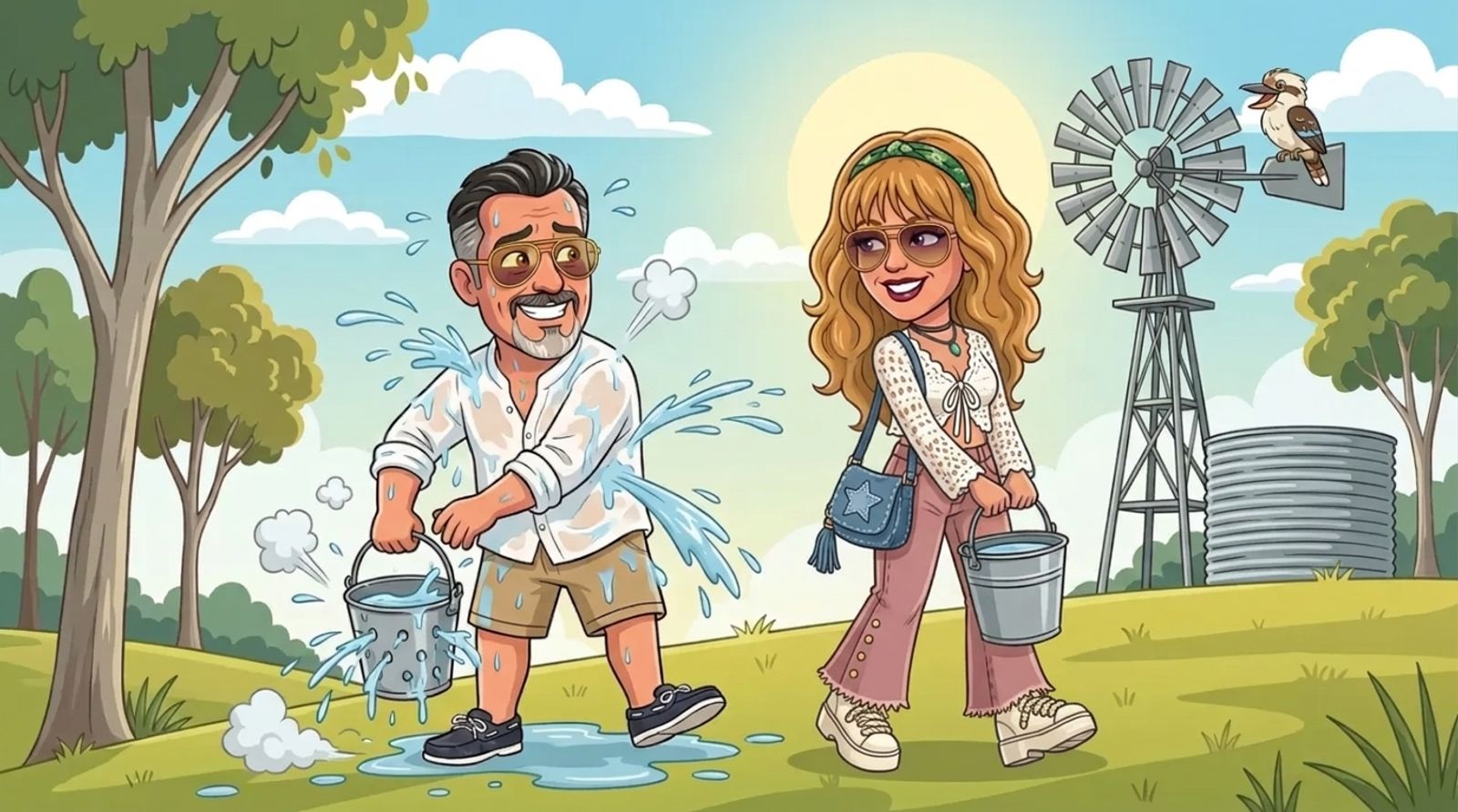 Cartoon of Jason getting soaked by a bucket full of holes on a grassy farm hill with a windmill and water tank, while DJ in a white crochet cardigan and pink flared jeans strolls ahead with a full bucket and a kookaburra laughs