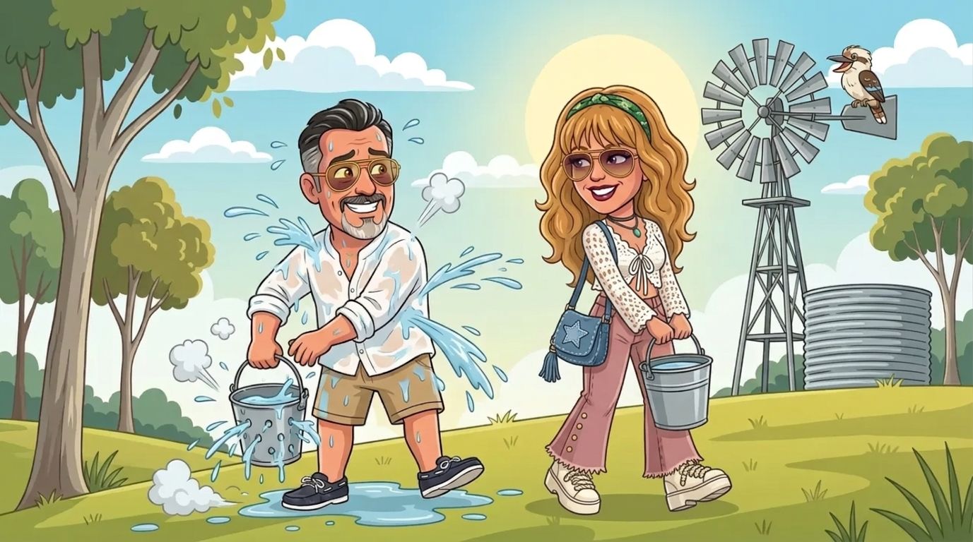 Cartoon of Jason getting soaked by a bucket full of holes on a grassy farm hill with a windmill and water tank, while DJ in a white crochet cardigan and pink flared jeans strolls ahead with a full bucket and a kookaburra laughs