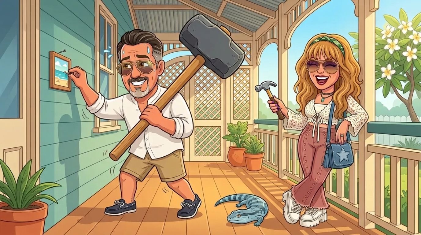 Cartoon of Jason wobbling under a giant sledgehammer to hang a tiny beach picture on a Queenslander verandah, while DJ in a white crochet cardigan and pink flared jeans leans on a post laughing and offers him a normal hammer, as a blue-tongue lizard watches