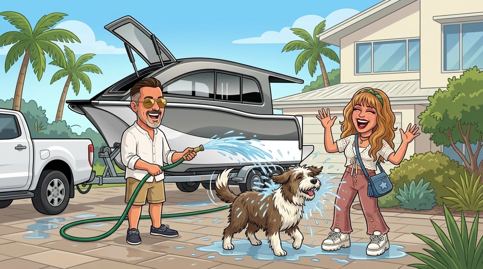 Cartoon of Jason laughing as he hoses down the Cat Cruiser catamaran on its trailer behind a ute in a coastal driveway while a shaggy wet dog shakes water all over his co-host DJ, who shrieks with laughter