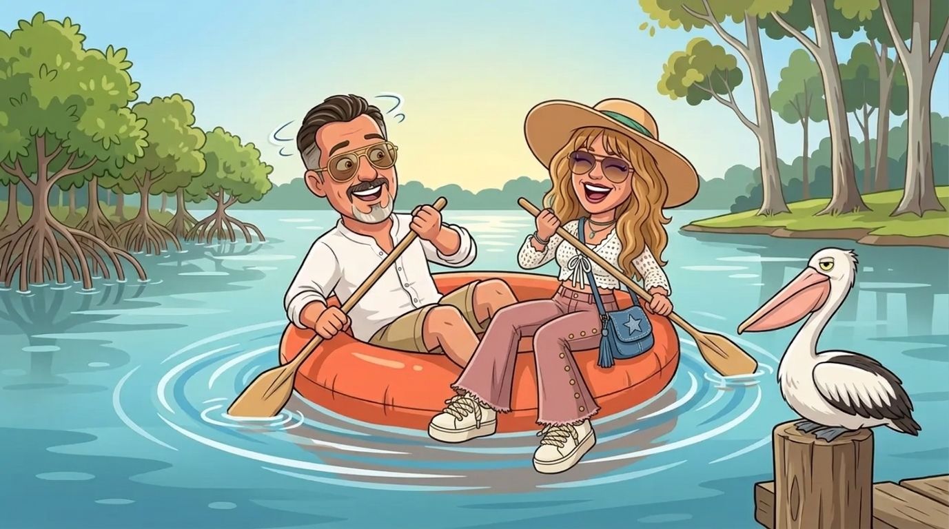 Cartoon of Jason and DJ, in a sun hat, white crochet cardigan and pink flared jeans, paddling in opposite directions on a round orange pool ring so it spins on the spot on a mangrove-lined estuary, watched by an unimpressed pelican on a post