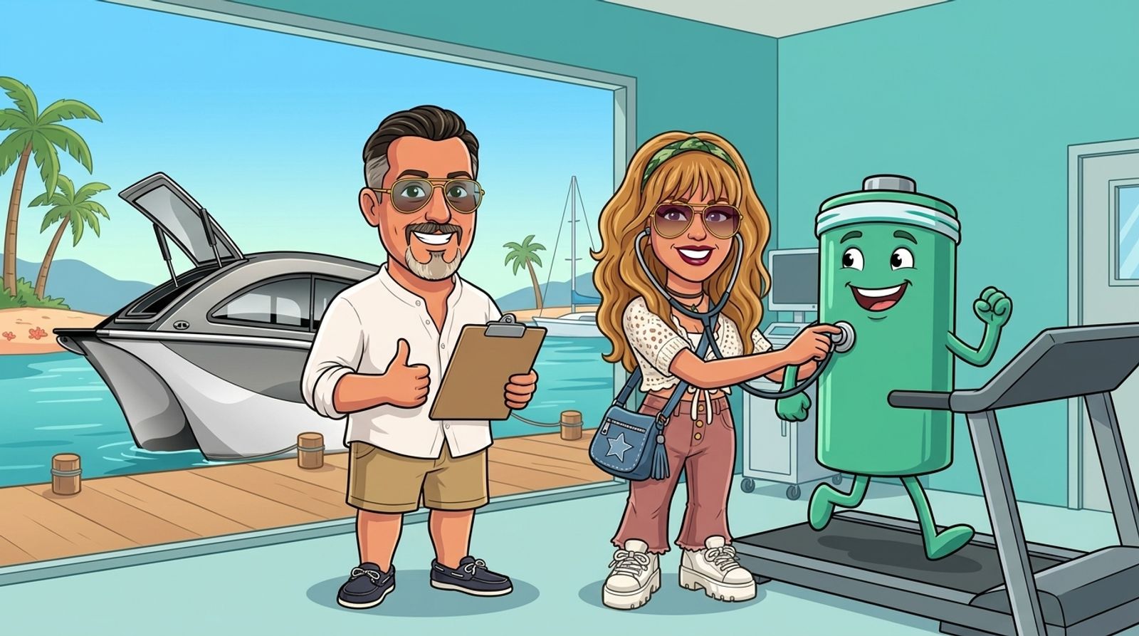 Cartoon of Jason and his co-host DJ in a marina-side clinic with the Cat Cruiser catamaran moored outside the window: DJ checks a cheerful battery jogging on a treadmill with a stethoscope while Jason gives a thumbs up with a clipboard