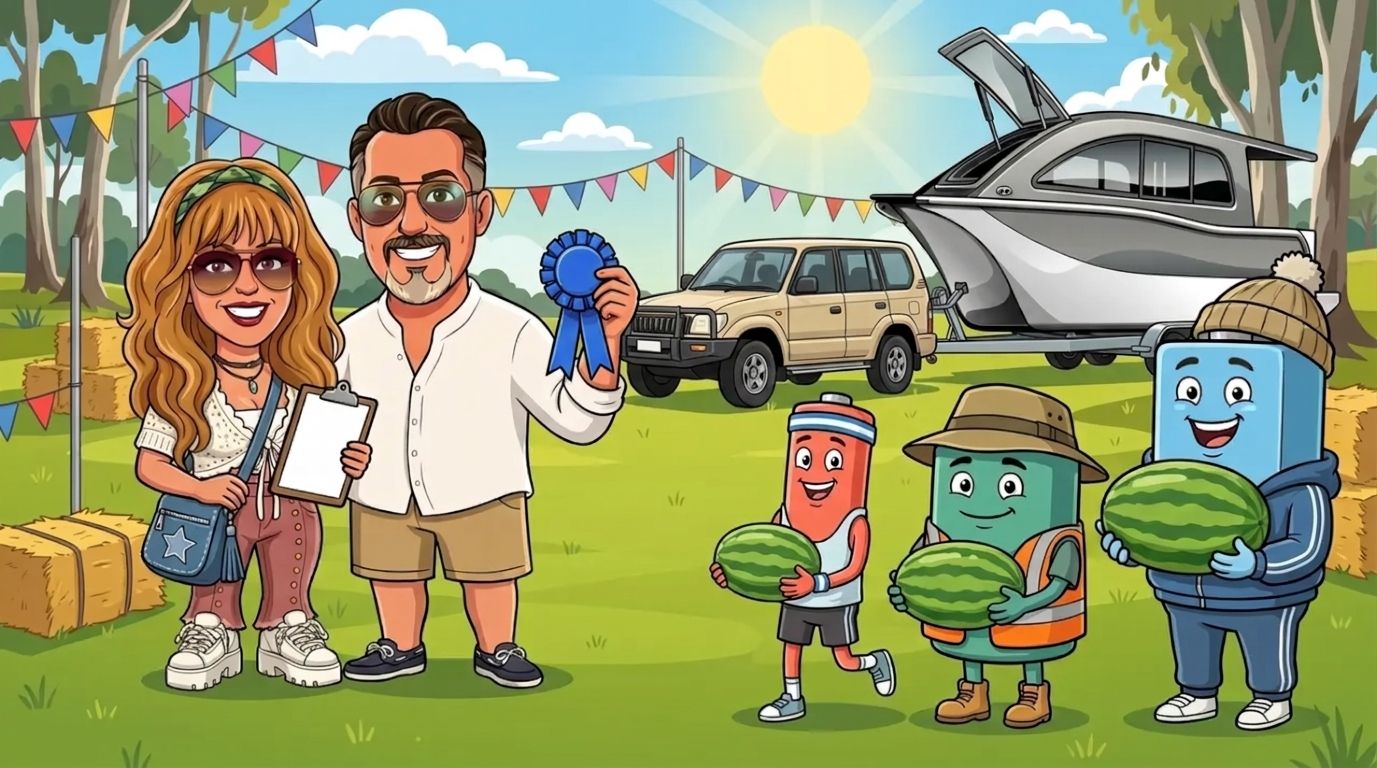 At a country show, three battery characters each carry an identical watermelon: the slim coral-red one easily, the sturdy sea-green one needing a bigger frame and the big sky-blue one the bulkiest, while DJ holds a clipboard, Jason holds a rosette and a 4WD tows the grey-and-white Cat Cruiser catamaran past on its trailer