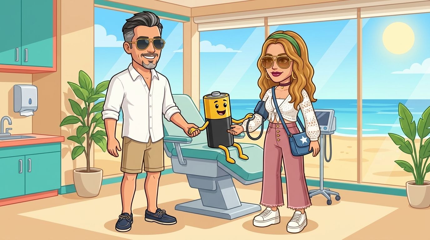 Cartoon of Jason's co-host DJ checking a smiling battery character's blood pressure in a sunlit clinic with a beach view, while Jason holds its hand reassuringly