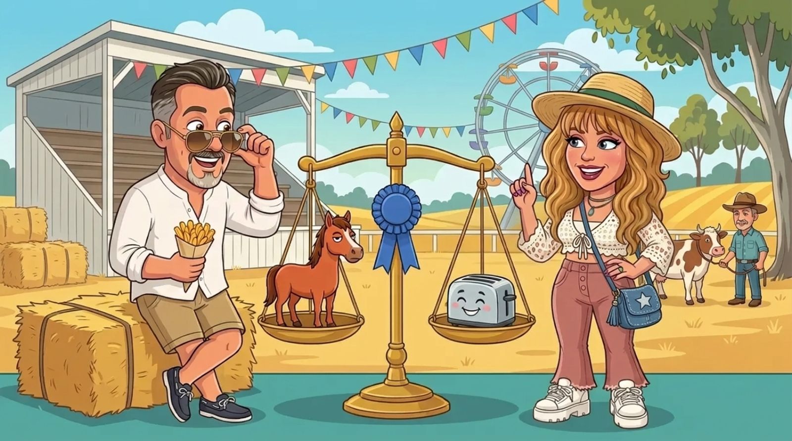 Cartoon of a horse and a smiling toaster balanced perfectly on an old brass scale with a blue rosette at an Australian country show, as DJ in a straw hat, white crochet cardigan and pink flared jeans explains with a raised finger and Jason peers over his sunglasses from a hay bale, holding hot chips