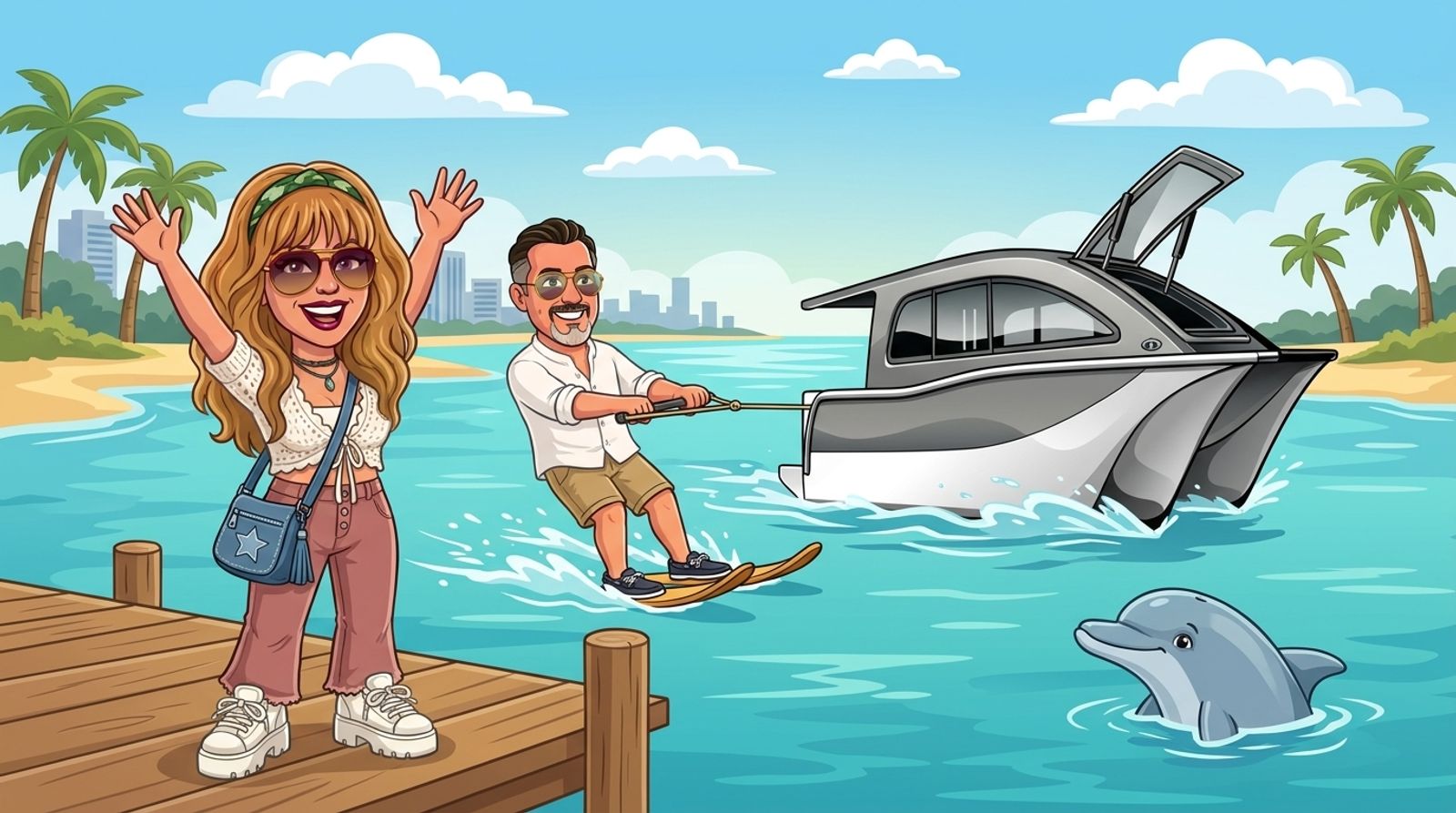Cartoon of the Cat Cruiser catamaran towing Jason on two water skis across a calm Gold Coast bay, grinning, while his co-host DJ cheers from a timber jetty and a dolphin pops up to watch