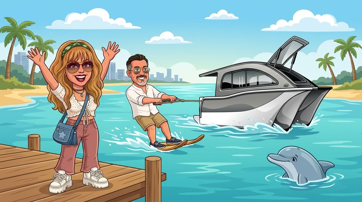 Cartoon of the Cat Cruiser catamaran towing Jason on two water skis across a calm Gold Coast bay, grinning, while his co-host DJ cheers from a timber jetty and a dolphin pops up to watch