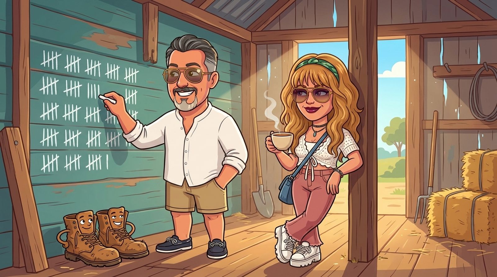 Cartoon of Jason chalking one more tally mark on a farm shed wall covered in tallies while his co-host DJ leans on a post with a cuppa, admiring a pair of battered, smiling work boots