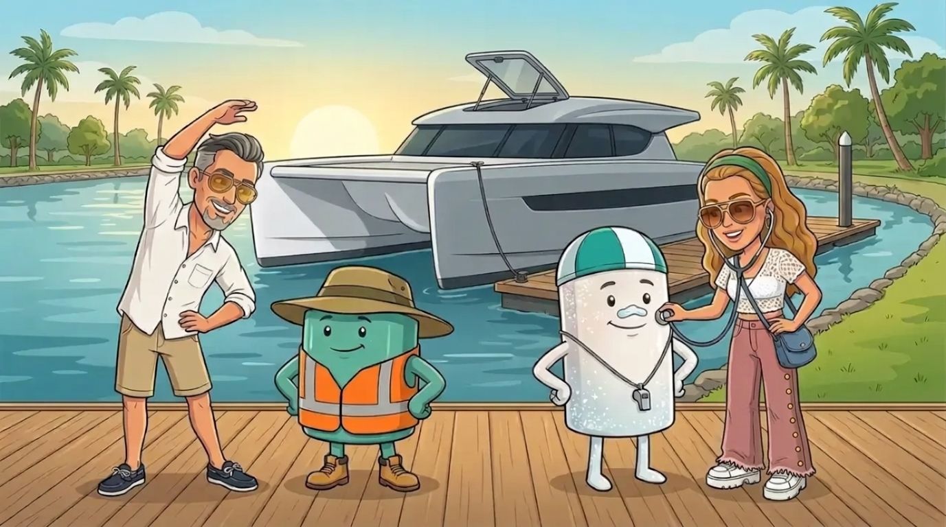 At sunrise in a waterfront park, Jason, a cartoon man with slicked-back dark hair, a grey goatee and gold aviators in a white linen shirt leads a stretching class for the salt-white and sea-green batteries while DJ checks the salt-white battery's heartbeat with a stethoscope, with the grey-and-white Cat Cruiser catamaran moored at the jetty behind