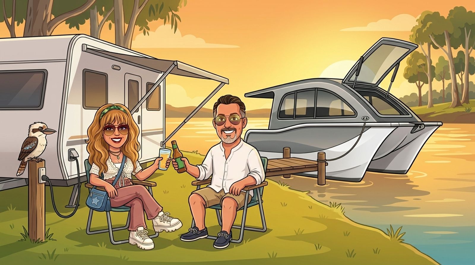 Cartoon of Jason and his co-host DJ clinking drinks in camp chairs beside a white caravan plugged into a power post at a waterside bush campsite at sunset, with the Cat Cruiser catamaran moored at the little jetty and a laughing kookaburra on the post