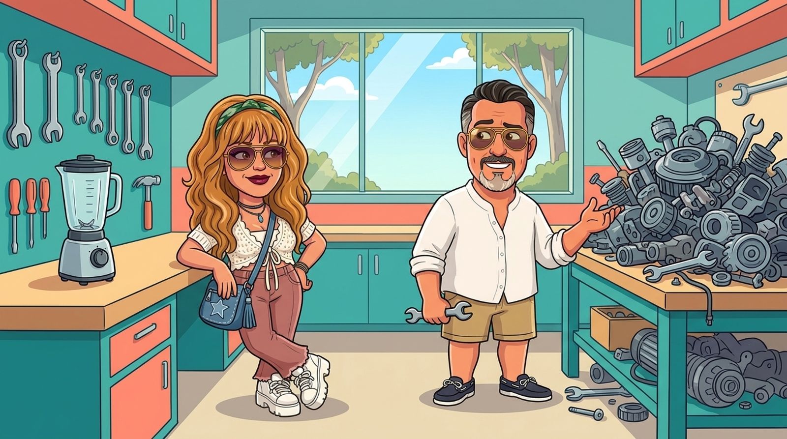 Cartoon of Jason holding a spanner, confused, in front of a workbench buried under a mountain of engine parts, while his co-host DJ leans on a spotless bench beside a single smug blender, smiling