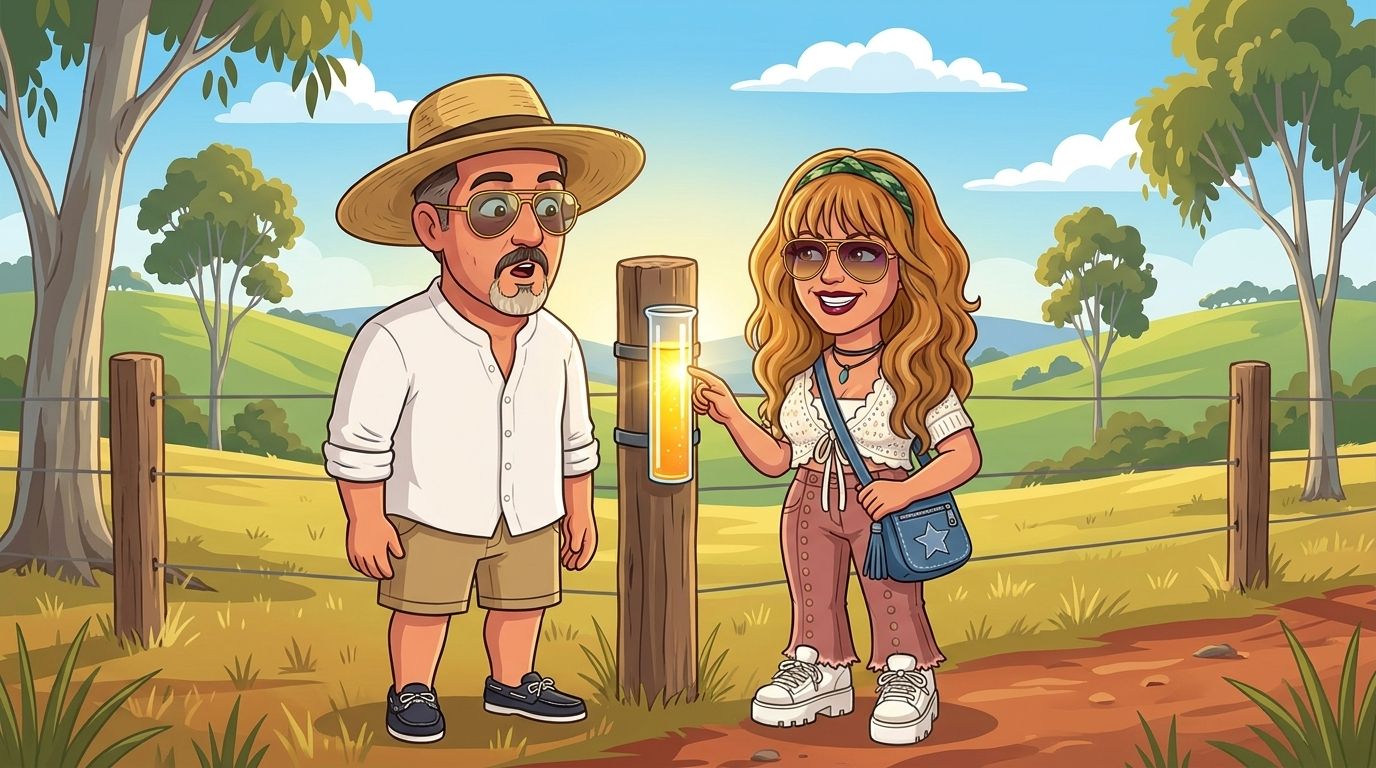 Cartoon of Jason in a wide-brim hat staring amazed at a rain gauge on a fence post in a Queensland paddock that is filling with glowing sunshine, while his co-host DJ taps it, smiling