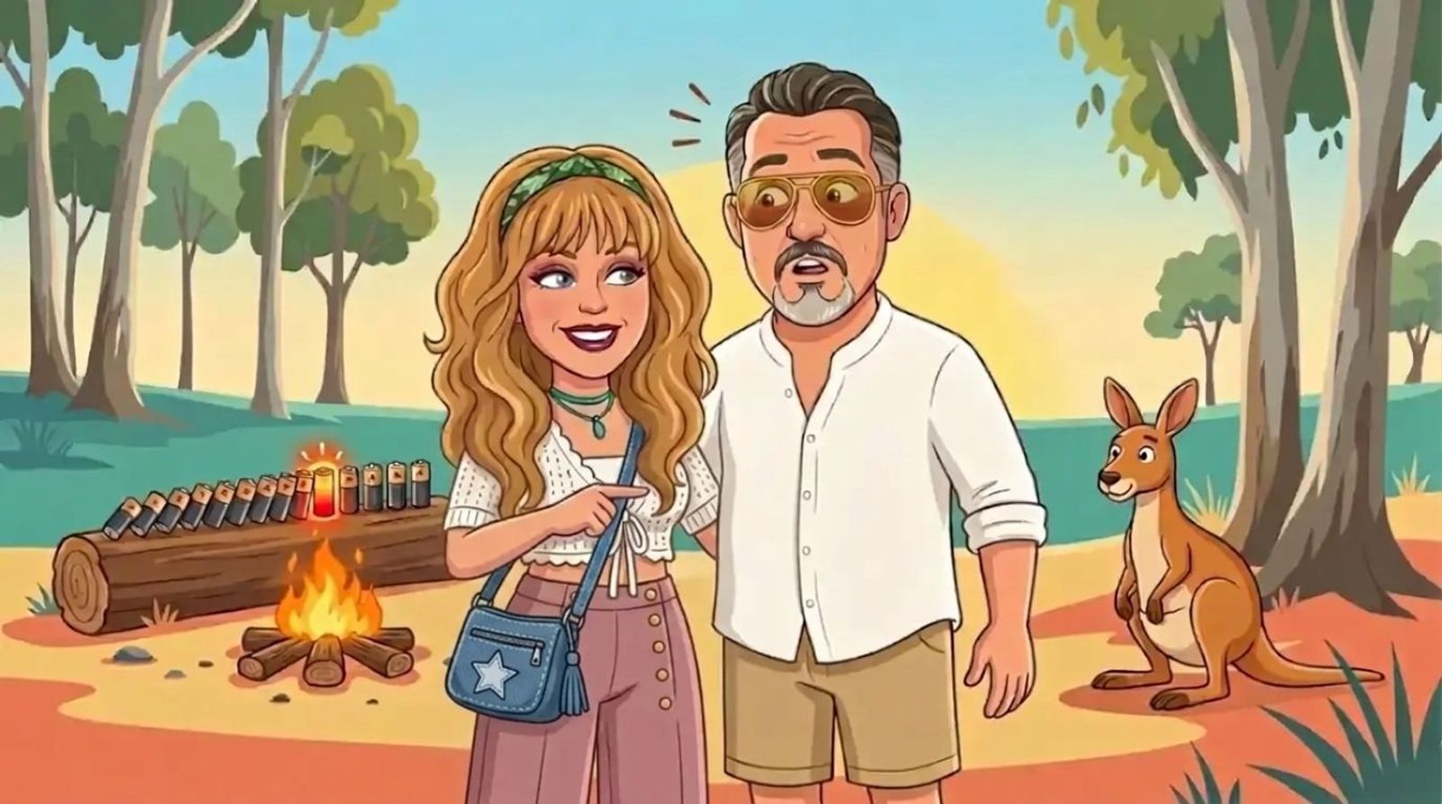 DJ, a cartoon woman with long wavy honey-blonde hair, a green bandana and aviator sunglasses in a white crochet cardigan and dusty-pink jeans pointing out a row of battery cells toppling like dominoes on a log by an outback campfire under gum trees, while Jason, a cartoon man with slicked-back dark hair, grey goatee and gold aviators in a white linen shirt looks surprised and a kangaroo watches