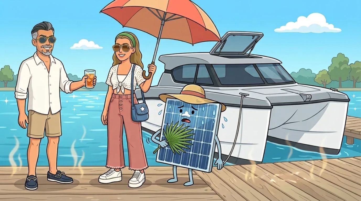 Cartoon of a solar panel character in a sunhat, sweating and fanning itself with a palm frond on a scorching marina pontoon beside the moored Cat Cruiser catamaran, as Jason offers it a cold drink and his co-host DJ holds an umbrella over it