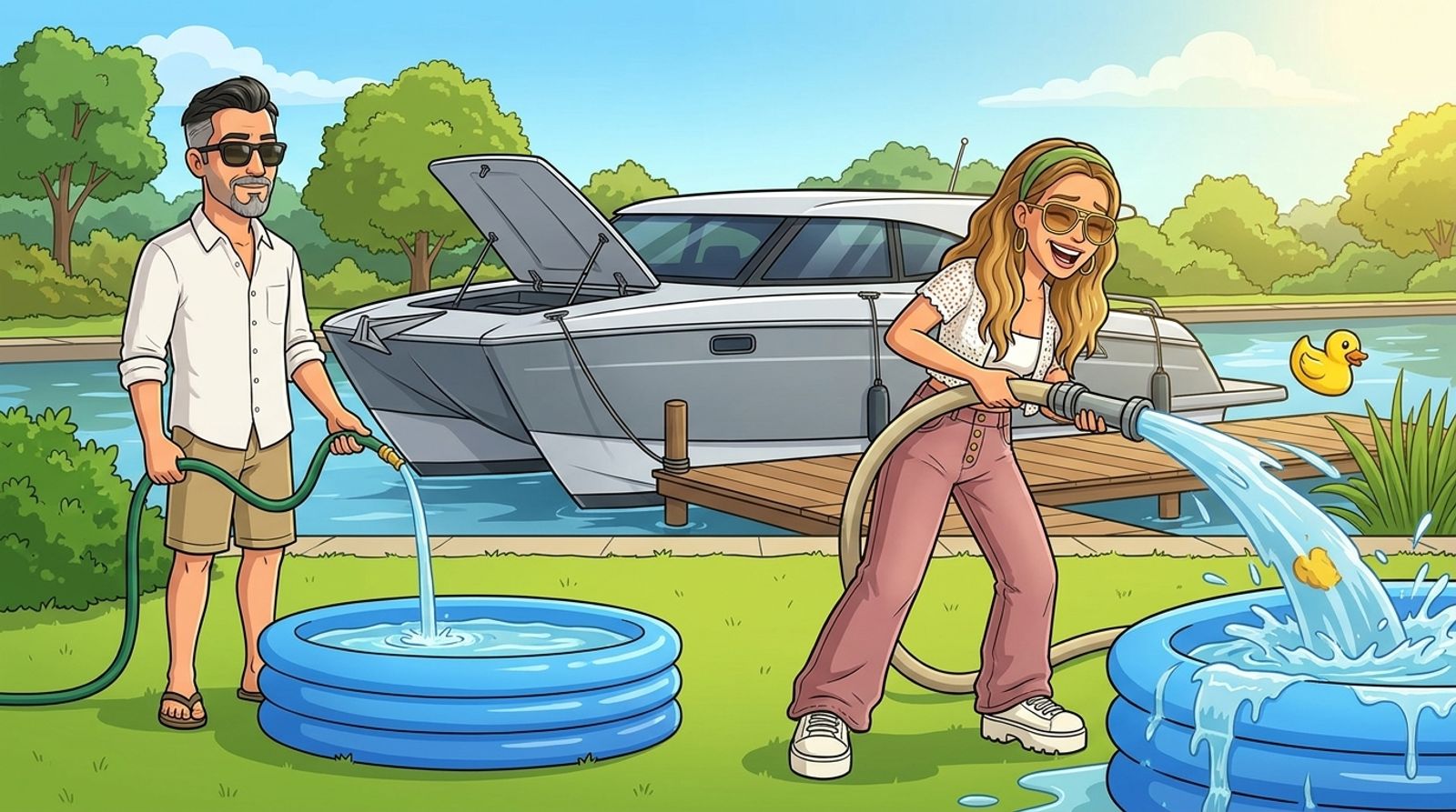 Cartoon of Jason patiently filling a paddling pool with a garden hose while his co-host DJ laughs, struggling with a fire hose that overflows the pool next door and launches a rubber duck, with the Cat Cruiser catamaran moored on the canal behind