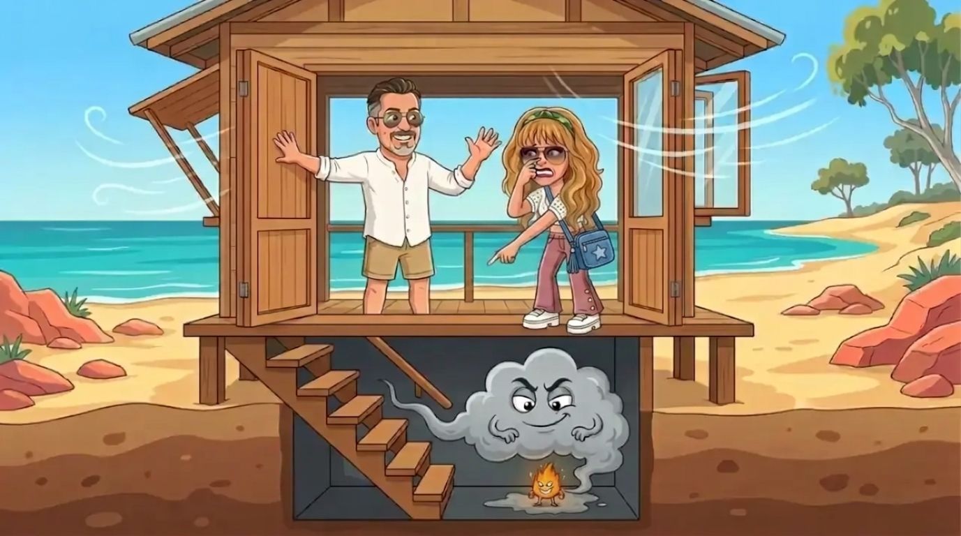 Cutaway of a beach shack on stilts: a sneaky grey fume cloud pools in the dark cellar near a tiny spark while DJ, a cartoon woman with long wavy honey-blonde hair, a green bandana and aviator sunglasses in a white crochet cardigan and dusty-pink jeans pinches her nose and points, and Jason, a cartoon man with slicked-back dark hair, grey goatee and gold aviators in a white linen shirt throws the doors open to air it out