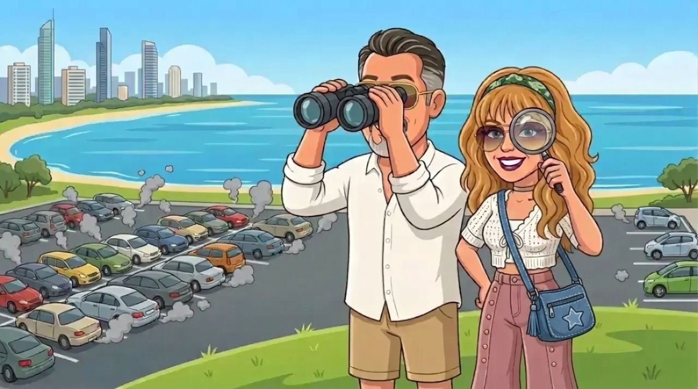 Jason, a cartoon man with slicked-back dark hair, grey goatee and gold aviators in a white linen shirt, looking through binoculars and DJ, a cartoon woman with long wavy honey-blonde hair, a green bandana and aviator sunglasses in a white crochet cardigan and dusty-pink jeans peering through a magnifying glass from a hill above the Gold Coast Broadwater at a huge car park of petrol cars with many smoke puffs and a small car park of electric cars