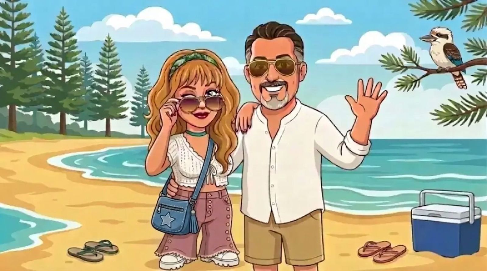 Jason, a cartoon man with slicked-back dark hair, grey goatee and gold aviators in a white linen shirt, and DJ, a cartoon woman with long wavy honey-blonde hair, a green bandana and aviator sunglasses in a white crochet cardigan and dusty-pink jeans, on a sunny Australian beach lined with Norfolk Island pines; she winks over her sunglasses while he waves, with a kookaburra on a branch, a cooler box and two pairs of thongs on the sand
