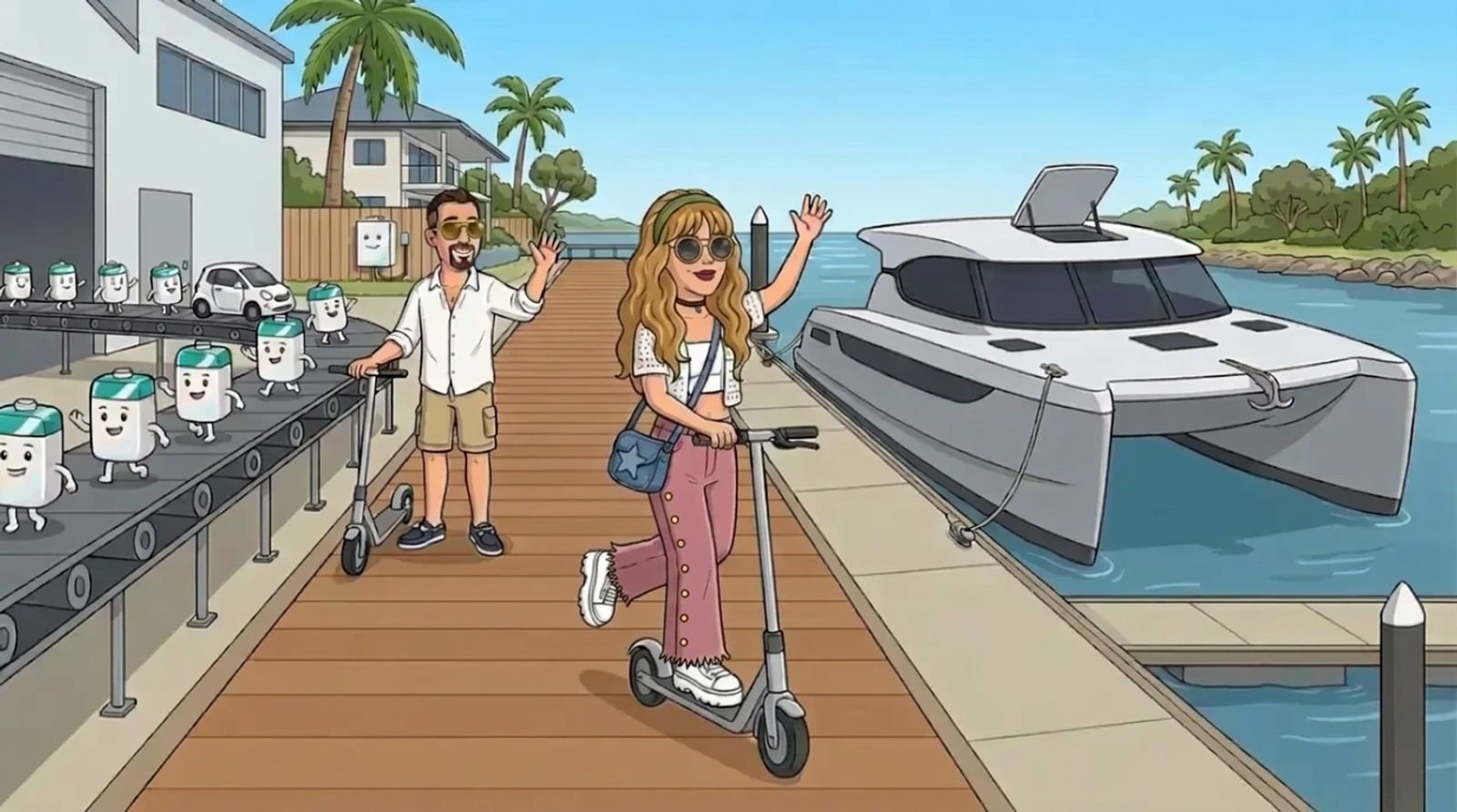 Along a marina boardwalk, a conveyor belt carries little salt-white battery characters out of a waterside factory into an e-scooter, a small city car and a home battery box, while DJ rides past on an e-scooter and Jason waves them along, with the grey-and-white Cat Cruiser catamaran moored at a pontoon