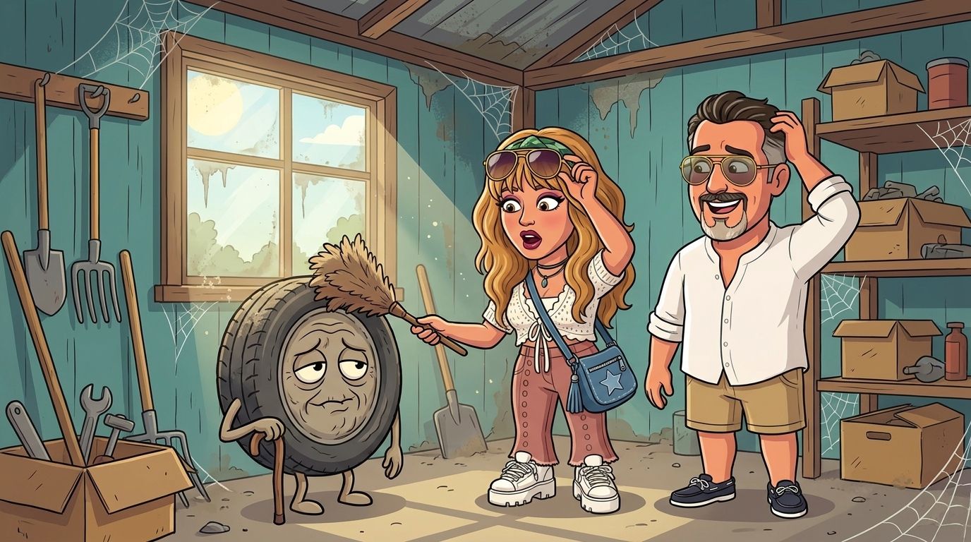Cartoon of Jason and his co-host DJ in a cobwebbed backyard shed, surprised to find an old, wrinkly cartoon tyre with a walking stick that has aged without ever being used, as DJ dusts it off