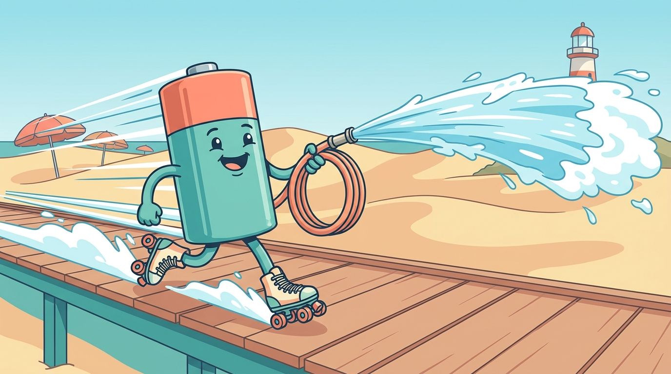Cartoon battery on roller skates pushed along by the jet from a garden hose