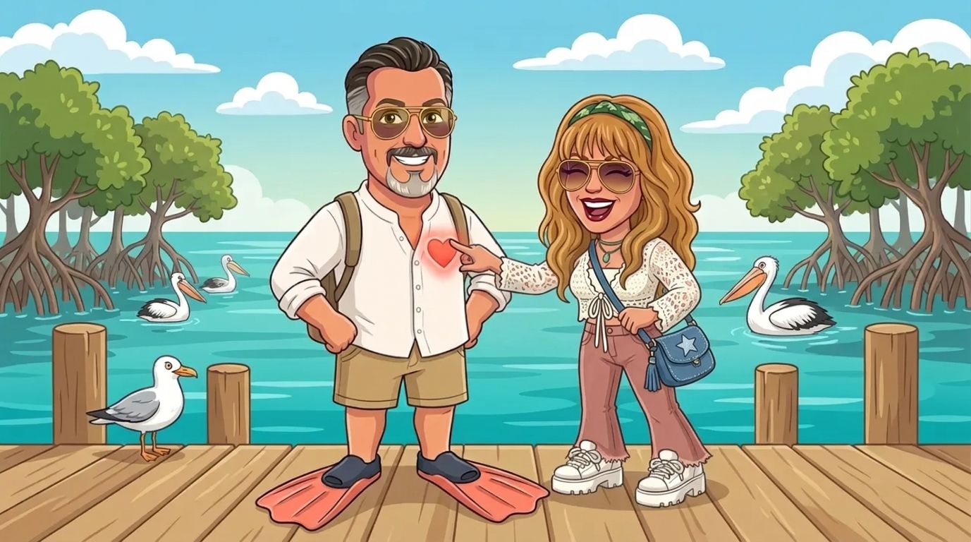 Cartoon of Jason in a white linen shirt and gold aviators posing on a jetty at a Queensland boat ramp with a backpack on his back, a glowing heart on his chest and coral swim flippers on his feet, while his co-host DJ, in a white crochet cropped cardigan, pink flared jeans and a denim star bag, laughs as she taps the heart