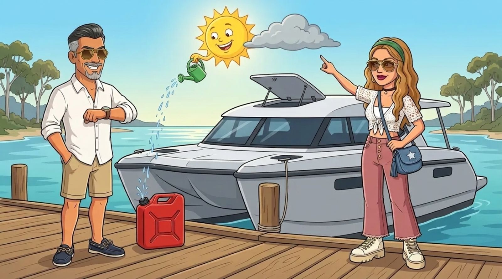 Cartoon of a smiling sun pouring a tiny watering can into a jerry can on a timber jetty beside the moored Cat Cruiser catamaran, while Jason checks his watch at the slow trickle and his co-host DJ points at a sneaky cloud creeping up