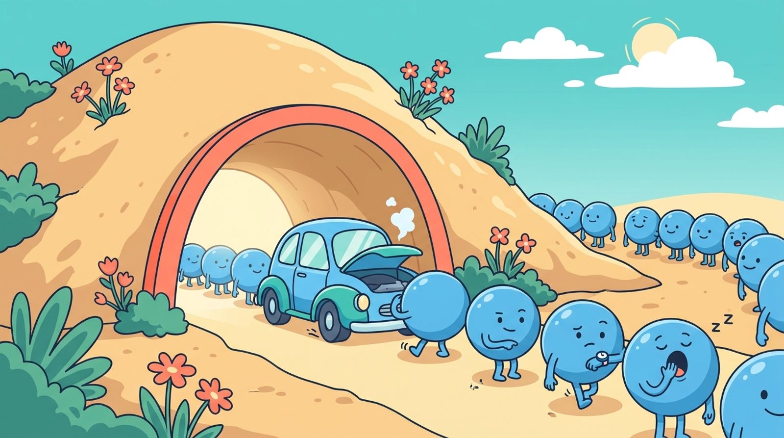 Cartoon of a broken-down car with its bonnet up in a single-lane tunnel while a long queue of bored lithium-ion characters waits behind it