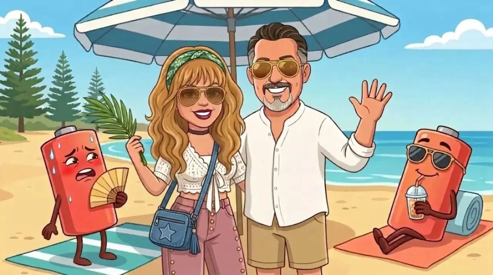 Jason, a cartoon man with slicked-back dark hair, grey goatee and gold aviators in a white linen shirt, and DJ, a cartoon woman with long wavy honey-blonde hair, a green bandana and aviator sunglasses in a white crochet cardigan and dusty-pink jeans under a beach umbrella with Norfolk pines behind, between a cool battery sipping an iced drink in sunglasses and a hot, sweaty battery fanning itself