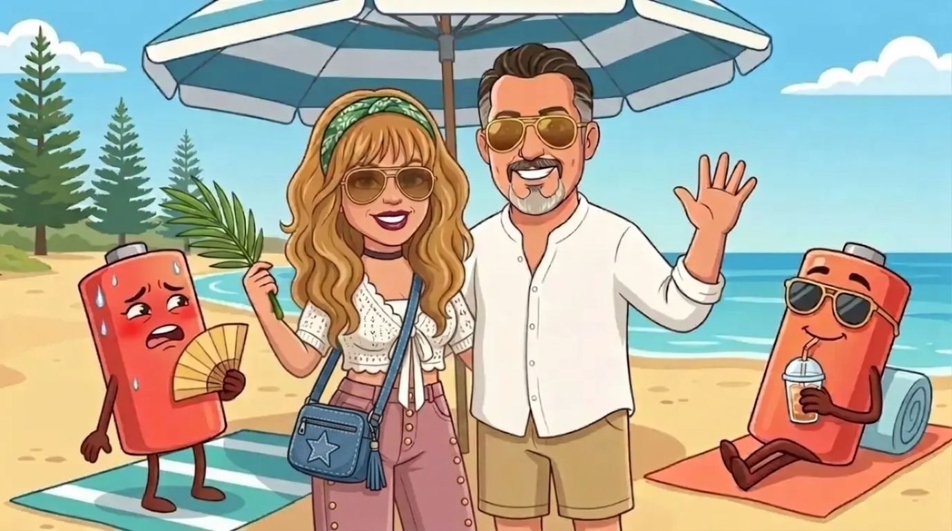 Jason, a cartoon man with slicked-back dark hair, grey goatee and gold aviators in a white linen shirt, and DJ, a cartoon woman with long wavy honey-blonde hair, a green bandana and aviator sunglasses in a white crochet cardigan and dusty-pink jeans under a beach umbrella with Norfolk pines behind, between a cool battery sipping an iced drink in sunglasses and a hot, sweaty battery fanning itself