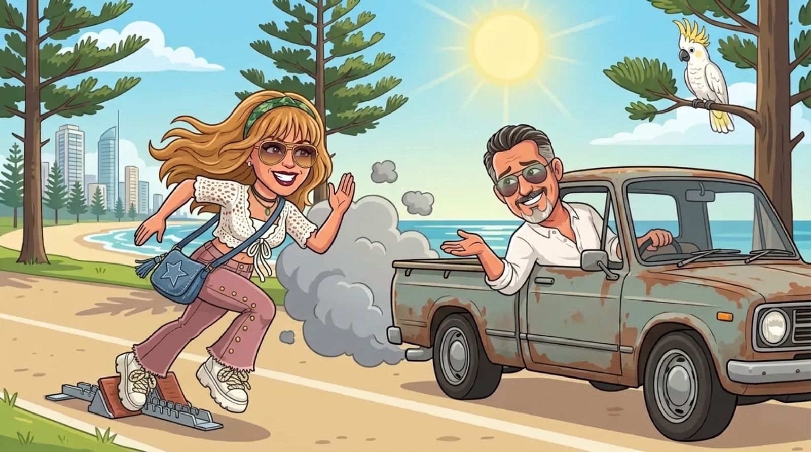 Cartoon of DJ in a white crochet cardigan, pink flared jeans and platform sneakers bursting off sprint starting blocks on a Gold Coast beachfront path lined with Norfolk pines, while Jason sits in a rusty old ute that coughs smoke and hasn't moved