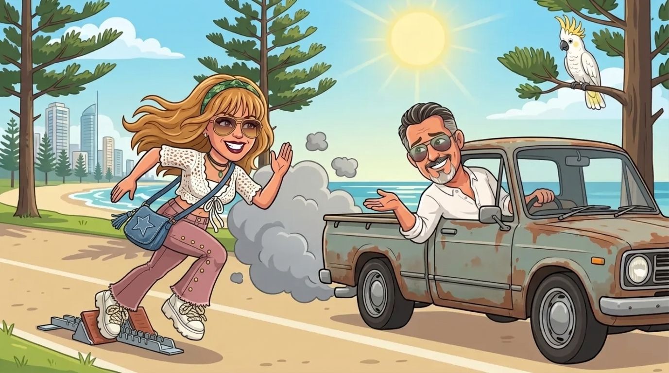 Cartoon of DJ in a white crochet cardigan, pink flared jeans and platform sneakers bursting off sprint starting blocks on a Gold Coast beachfront path lined with Norfolk pines, while Jason sits in a rusty old ute that coughs smoke and hasn't moved
