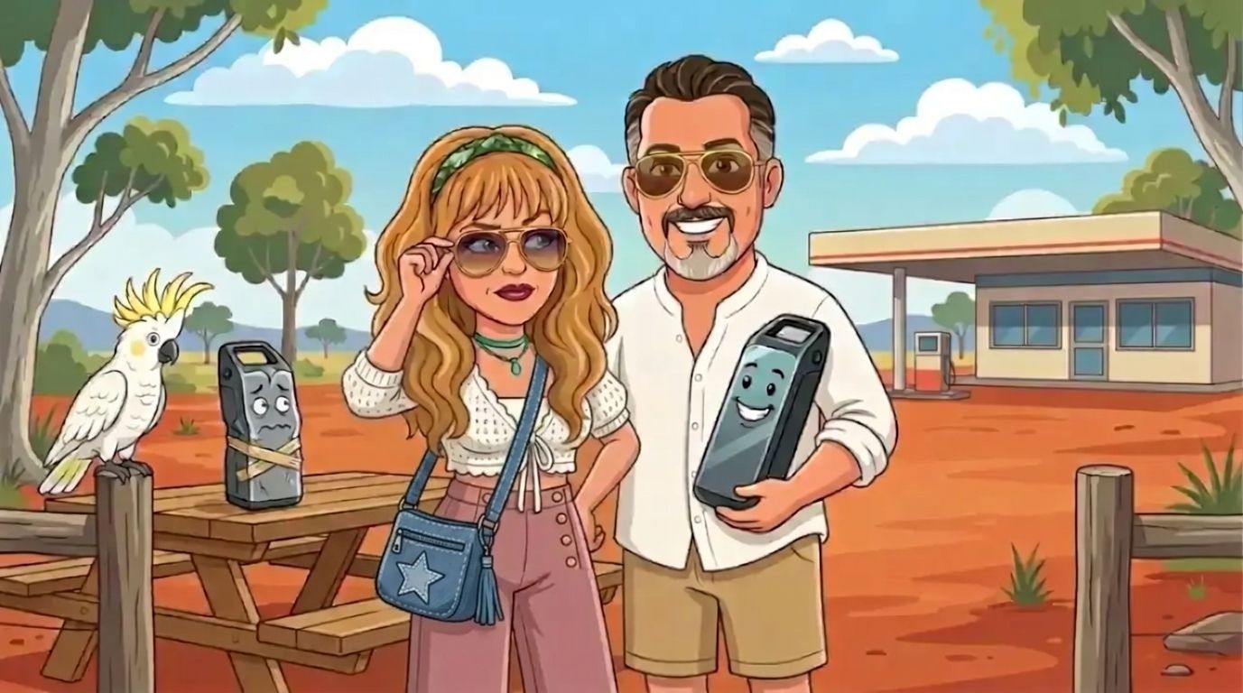 Jason, a cartoon man with slicked-back dark hair, grey goatee and gold aviators in a white linen shirt, proudly holding a smiling, well-made battery at an outback roadhouse, while DJ, a cartoon woman with long wavy honey-blonde hair, a green bandana and aviator sunglasses in a white crochet cardigan and dusty-pink jeans eyes a shabby battery held together with tape on a picnic table and a cockatoo looks on