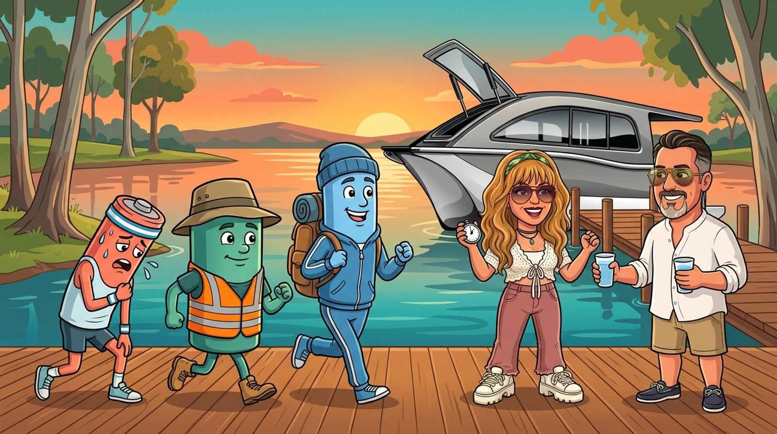 Cartoon of three battery runners on a riverside boardwalk at sunset beside the moored Cat Cruiser catamaran: the slim coral one puffed out, the sturdy green one jogging steadily and the big blue one still going with a backpack, as Jason's co-host DJ cheers with a stopwatch and Jason offers water