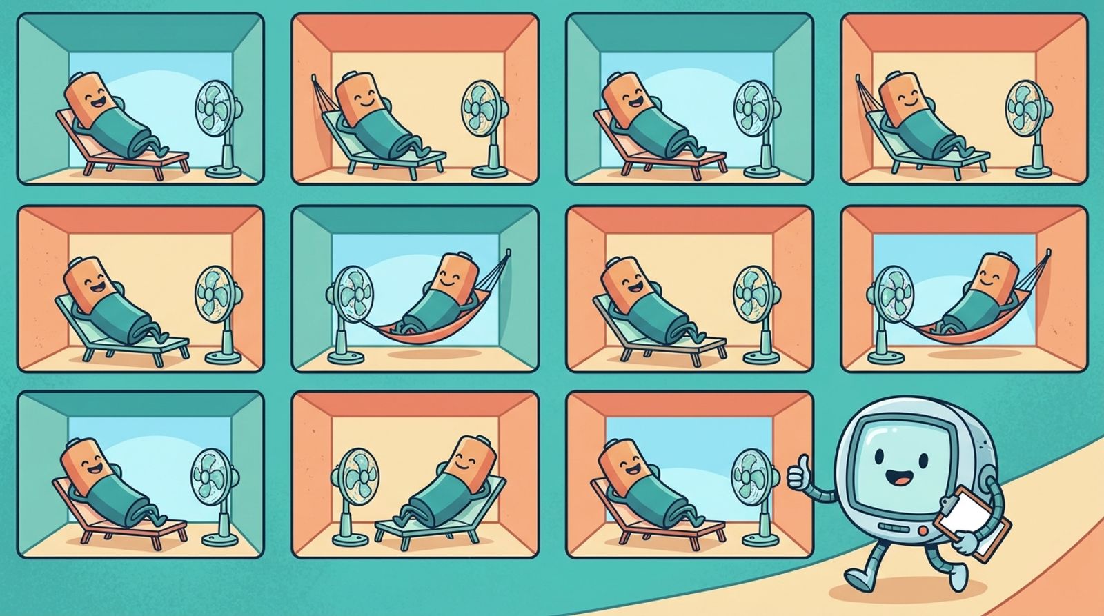 Cartoon batteries relaxing in separate little rooms with fans while a friendly monitor robot with a clipboard gives a thumbs up