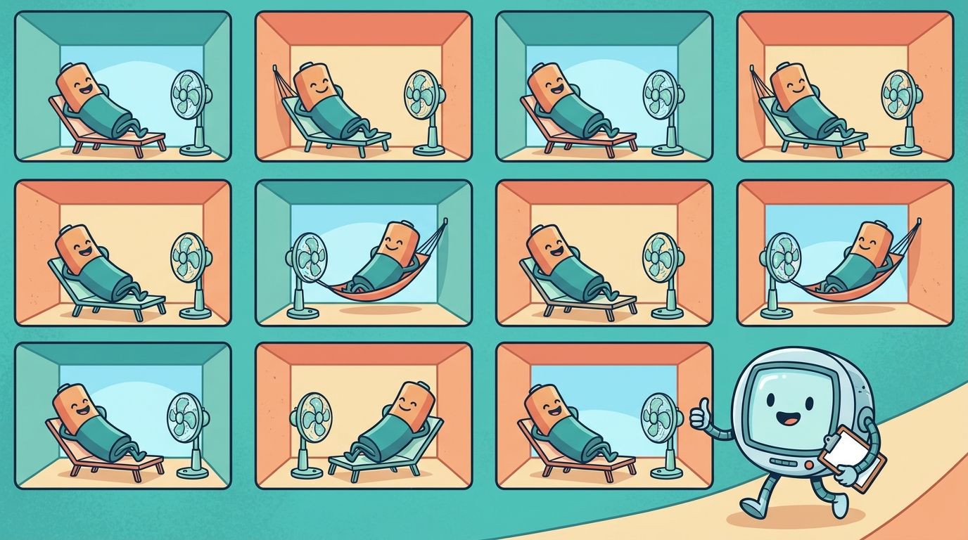 Cartoon batteries relaxing in separate little rooms with fans while a friendly monitor robot with a clipboard gives a thumbs up