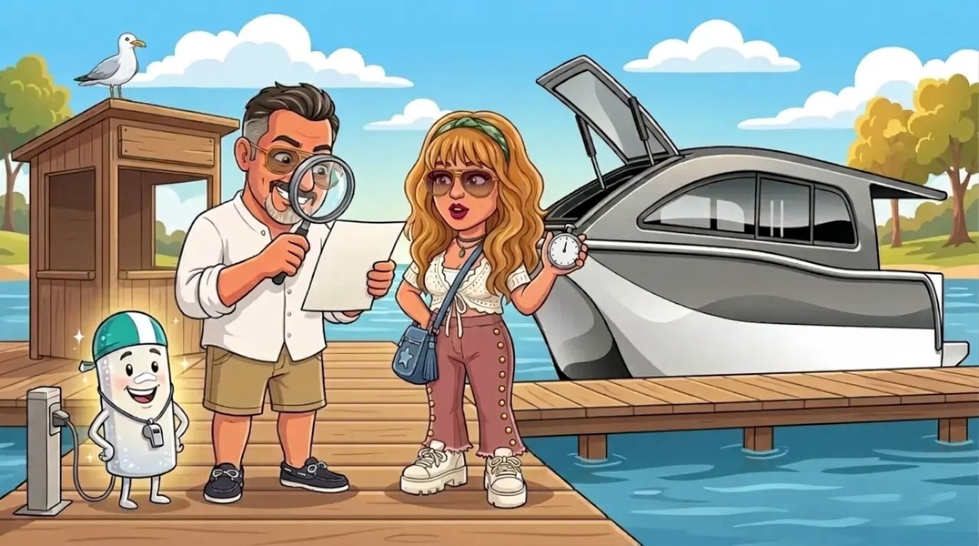 On a marina pontoon, the salt-white battery glows as it charges from a plain charging post while DJ holds up a blank stopwatch and Jason studies a blank page through a magnifying glass, with the grey-and-white Cat Cruiser catamaran moored alongside