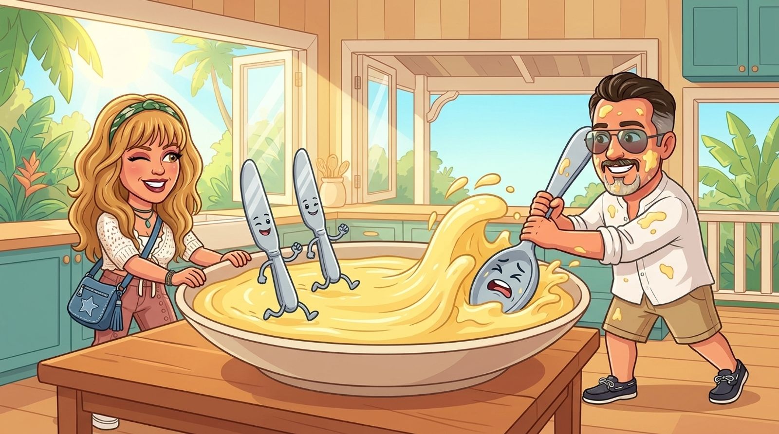 Cartoon of Jason's co-host DJ winking as two slim, smiling butter knives glide through a giant bowl of custard, while Jason pushes a strained spoon that bulldozes a big custard wave and splatters him