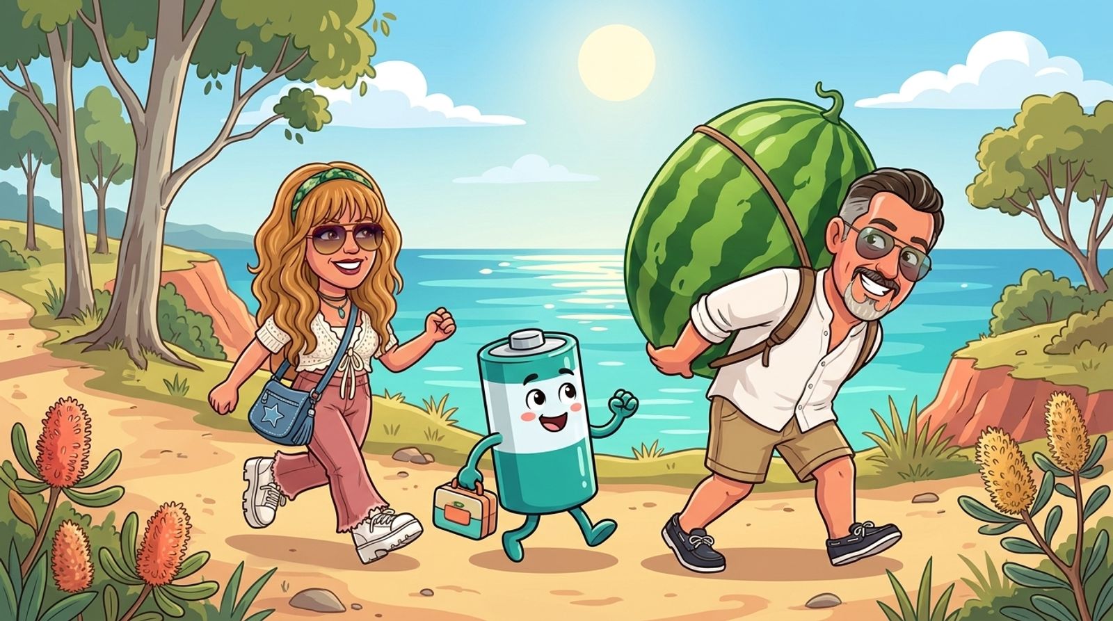 Cartoon of Jason and his co-host DJ hiking a Queensland headland track above the ocean: DJ skips ahead travelling light, a smiling battery carries a lunchbox, and Jason staggers under a giant watermelon on his back