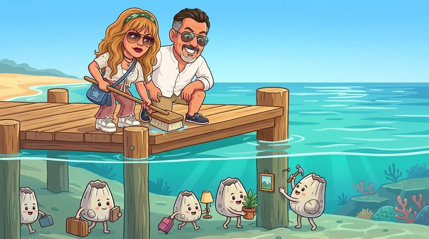 Cartoon of Jason and his co-host DJ, holding a scrubbing brush, peering down from a jetty at a family of cartoon barnacles moving onto a pylon below the waterline with suitcases, a lamp and a pot plant