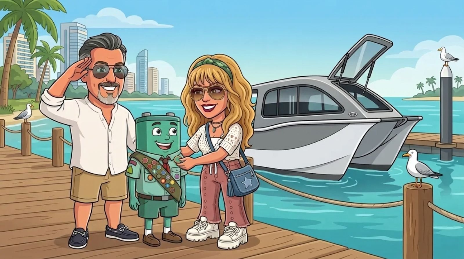 Cartoon of Jason's co-host DJ pinning one more badge on the sash of a proud battery scout on a Gold Coast marina boardwalk, with the Cat Cruiser catamaran moored behind, while Jason gives a playful salute and seagulls watch