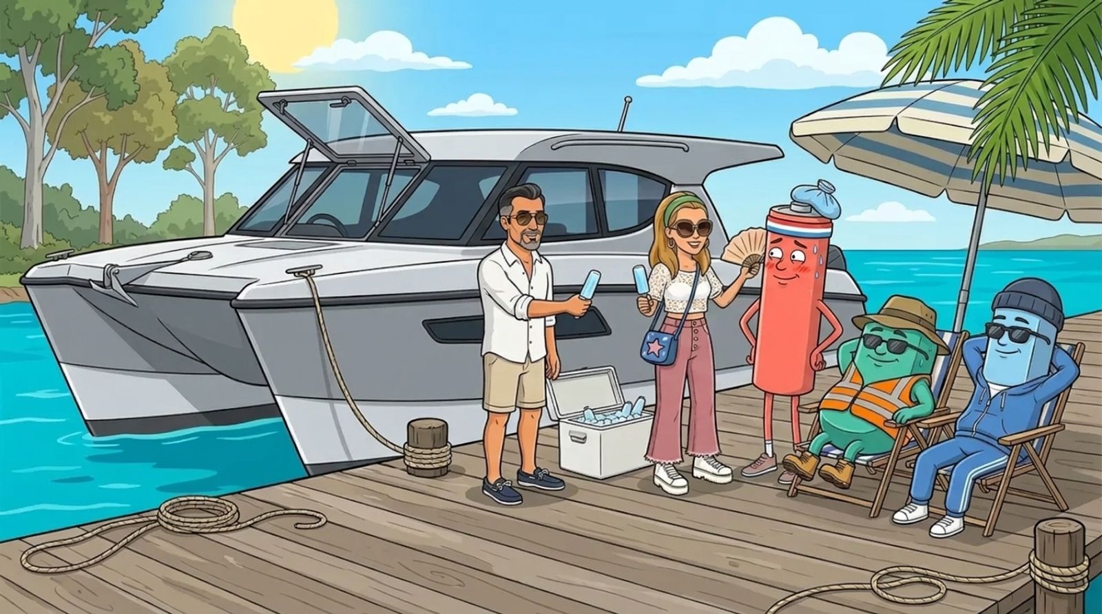 On a hot marina pontoon, DJ fans an overheated coral-red battery under an umbrella while the sea-green and sky-blue batteries lounge cool in deckchairs and Jason hands out icy poles, with the grey-and-white Cat Cruiser catamaran moored alongside