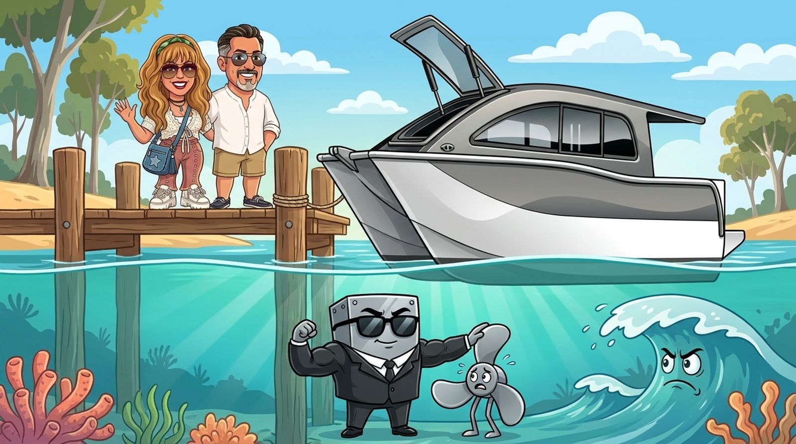 Cartoon of Jason and his co-host DJ looking down from a jetty beside the moored Cat Cruiser catamaran at an underwater scene where a tough grey anode in sunglasses and a black suit shields a nervous propeller from a grumpy wave