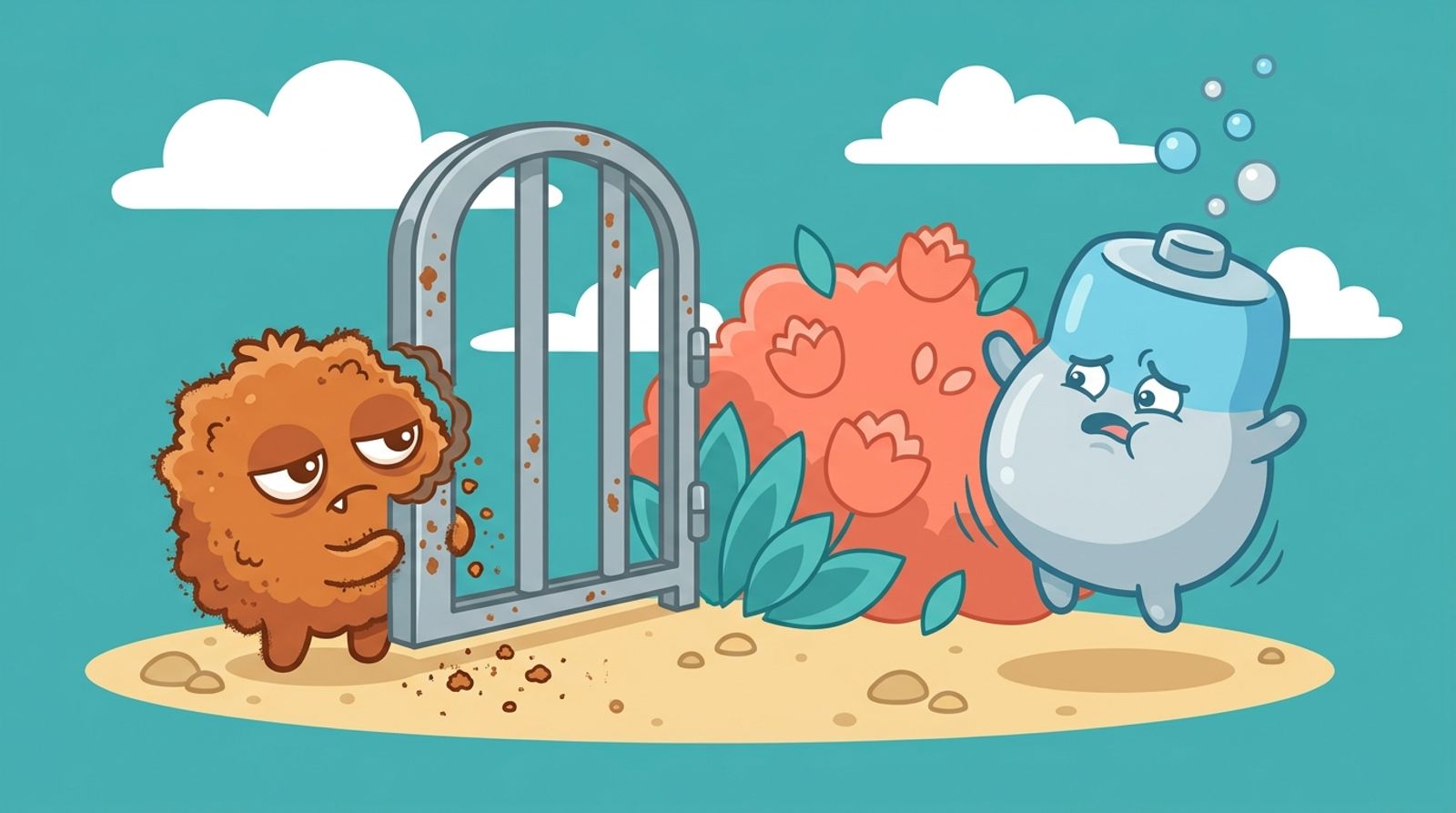 Cartoon of a grumpy fuzzy rust monster nibbling a steel gate while a worried, puffed-up battery character floats gas bubbles